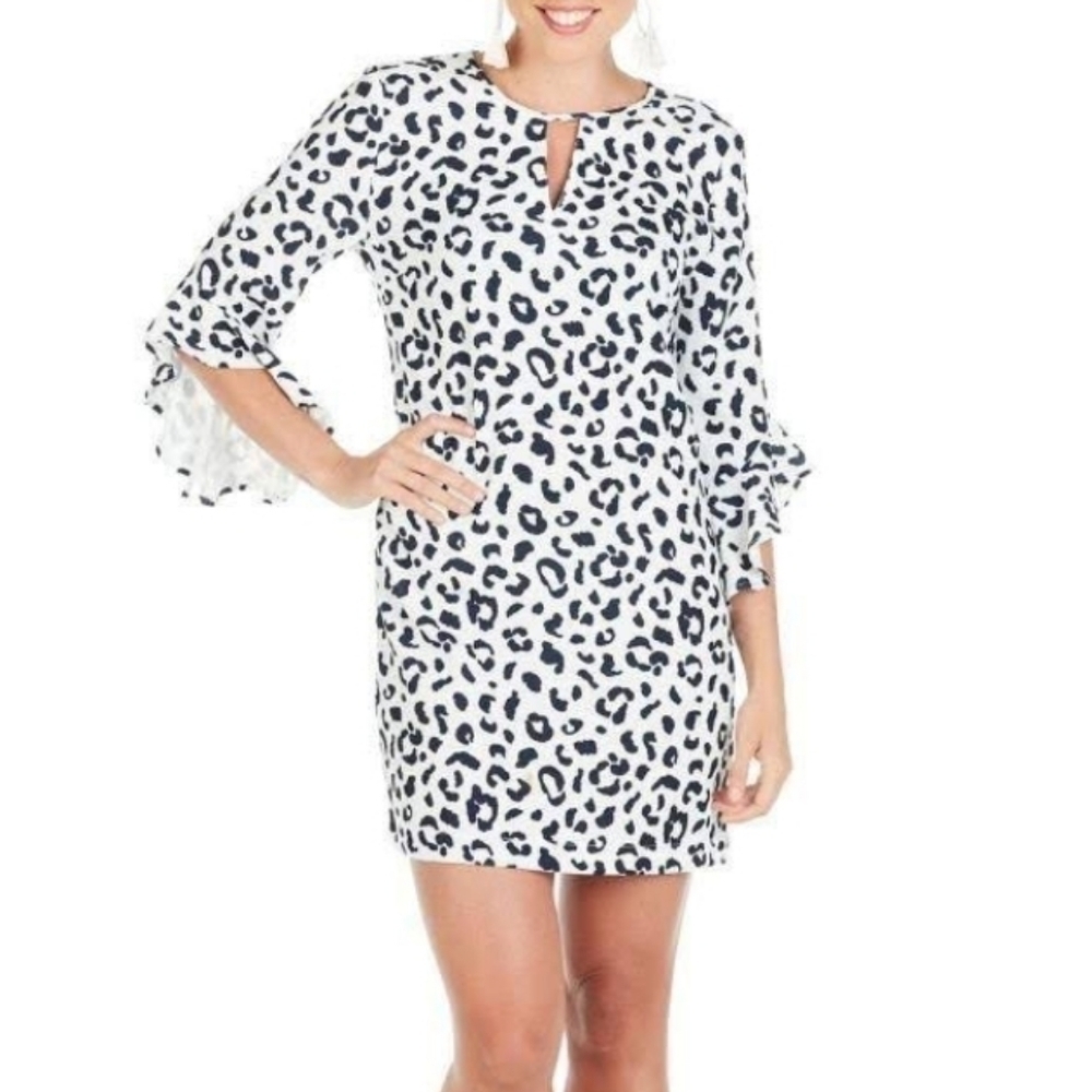 Mudpie Liza Bell Sleeve Round Neck Cutout Keyhole Mini Shift Dress Navy …